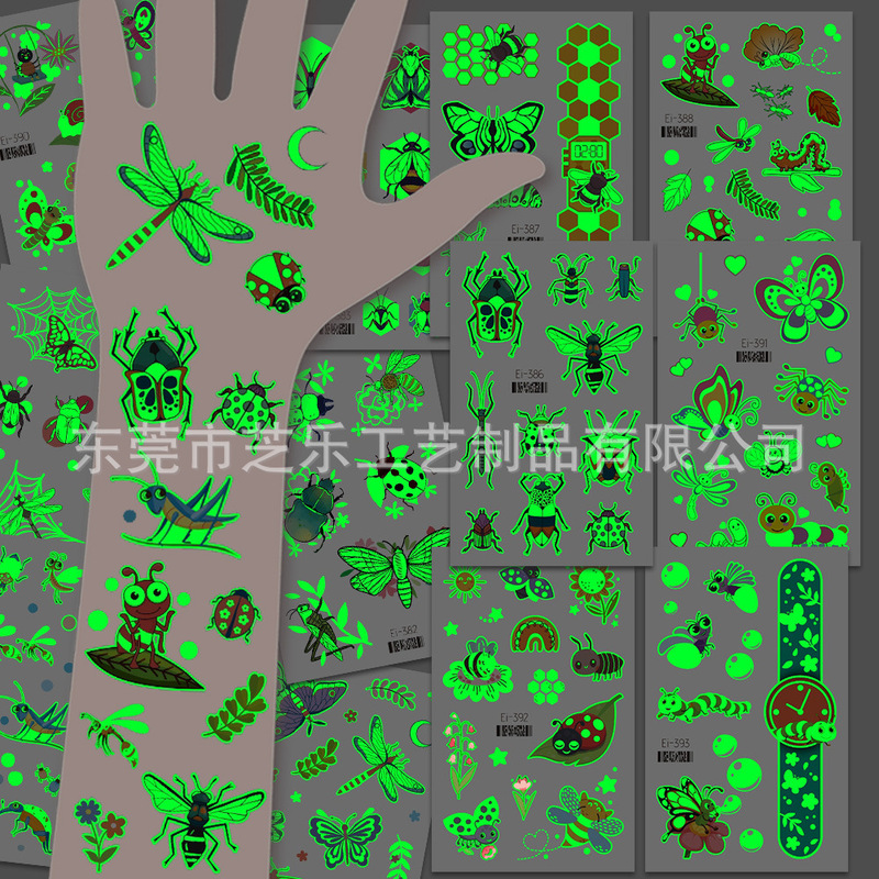 Children's cartoon tattoo stickers luminous boys and girls waterproof luminous temporary insect cute stickers cross-border in stock