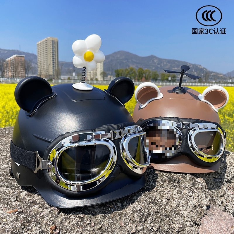 Universal Electric Motorcycle Helmet Women Summer Sunscreen Half Helmet (Auto Parts and Accessories) - one-size-black-black-bear-ears-harley-goggles-white-small-flower