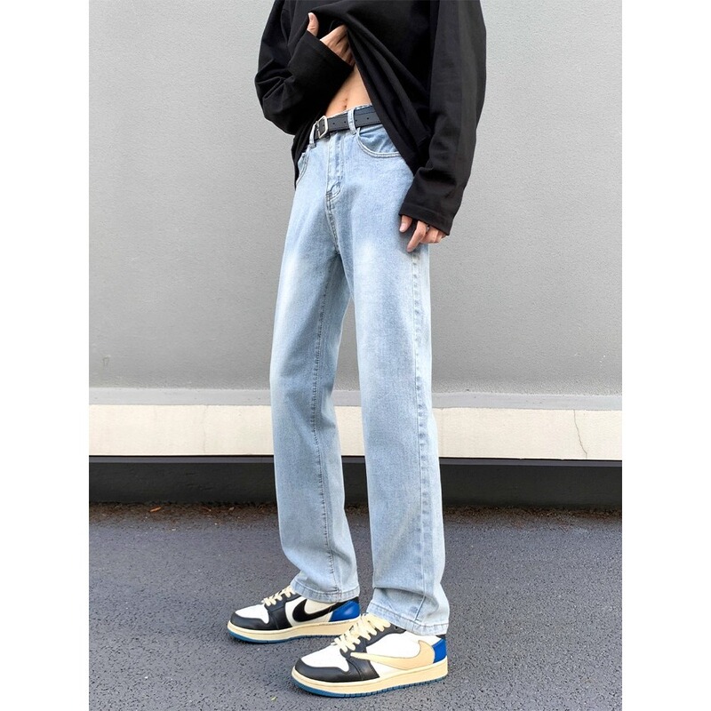 Cheap Work Light Blue Jeans Men's Straight Slim Fit 2025 New American High Street Washed Bootcut Pants