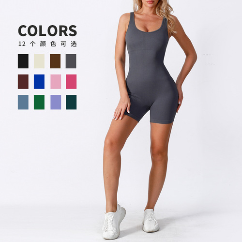 Cross-border Western and European seamless shoulder strap shorts yoga suit backless fitness exercise shaping yoga one-piece suit