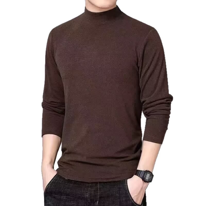 Fabricante de origen camiseta de manga larga de terciopelo de doble cara para hombre otoño e invierno de terciopelo alemán con cuello medio, ropa de otoño de color sólido, camisa de fondo de cuello medio alto