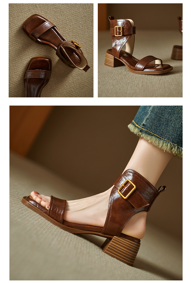Sandal nữ cao cổ mũi vuông da thật khóa thắt lưng gót thô 9 cm — Màu nâu, Màu đen chi tiết 9