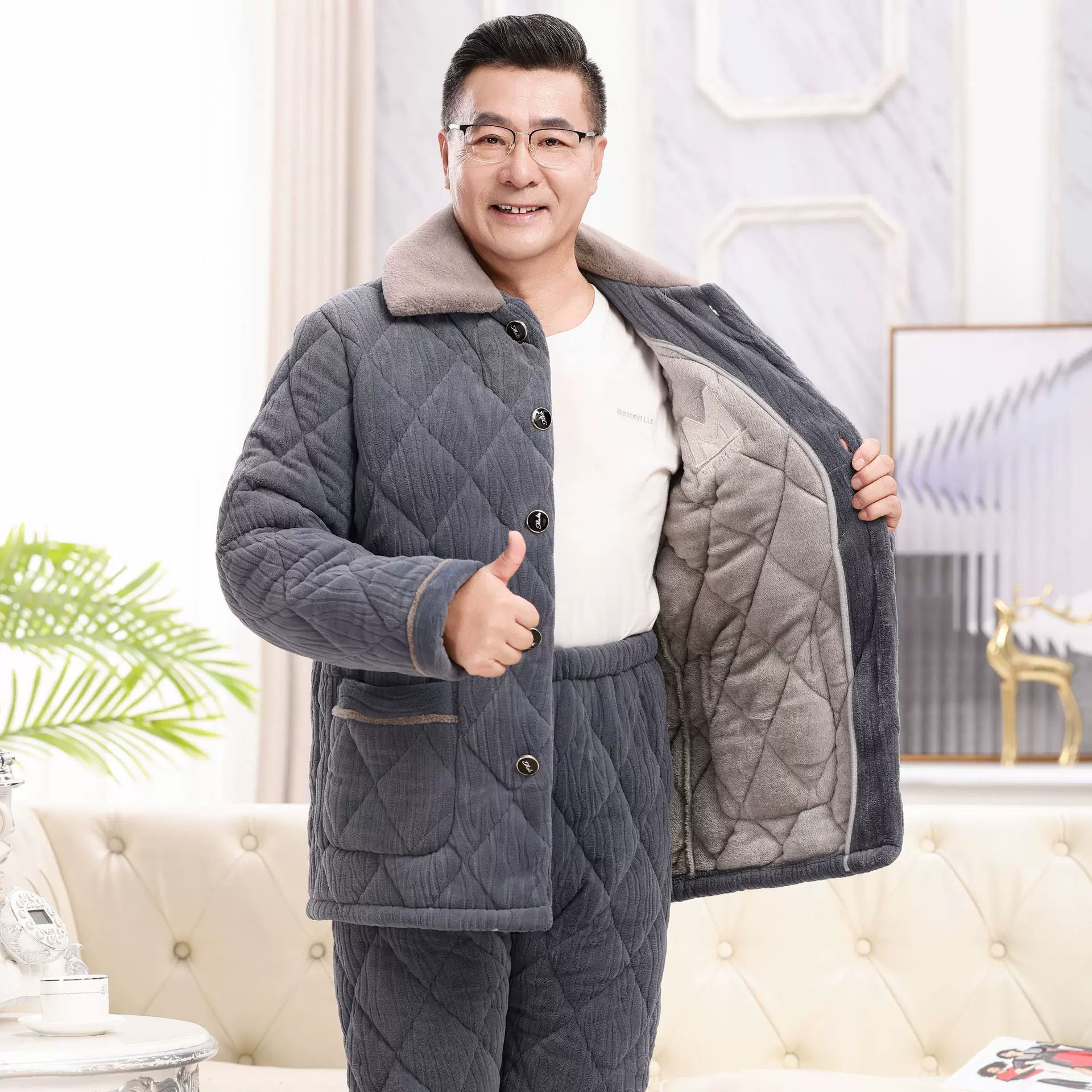 工厂直供男士睡衣冬季加绒保暖中老年爸爸款居家服套装法兰绒睡衣