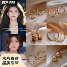 925银针网红金色耳环女轻奢高级感气质珍珠耳钉复古新款耳饰