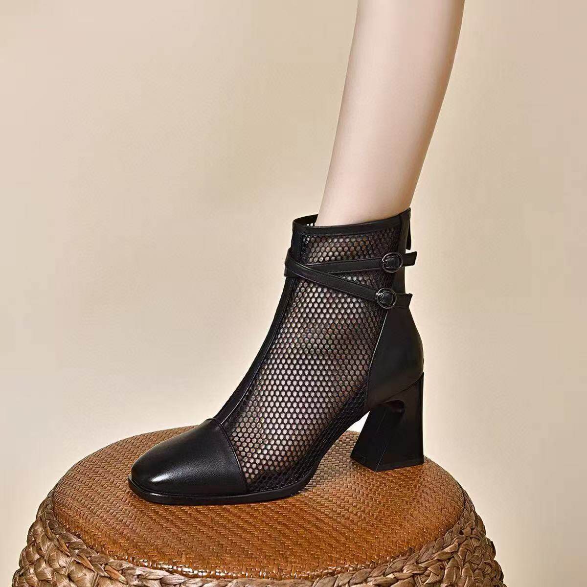 Sandal nữ da thật mũi vuông lưới thoáng khí gót thô đế mềm — Da sơn đen chi tiết 5
