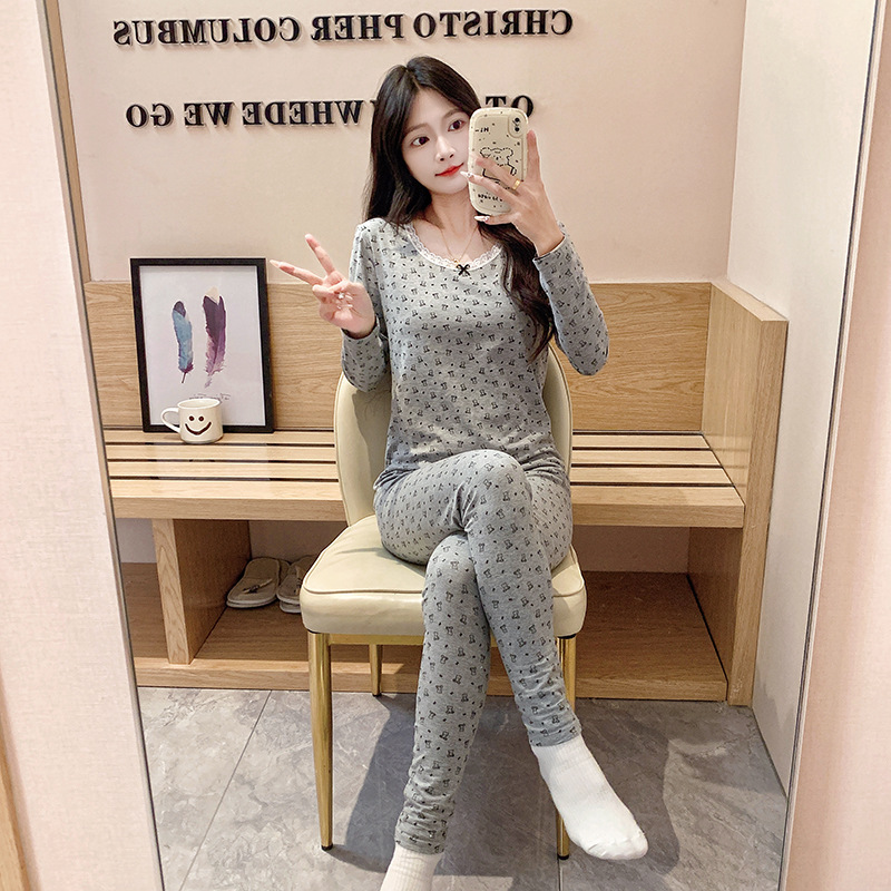 Pure Cotton Women's Pajamas Autumn and Winter Thermal Underwear Base Layer Long-Sleeve Top and Pants Spring and Autumn Loungewear Set