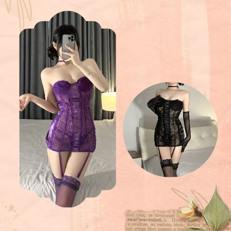 Purple Sheer Babydoll Nightdress with Steel-Ring Bust Shaper, Black Stockings & Gloves Set — detail image 2