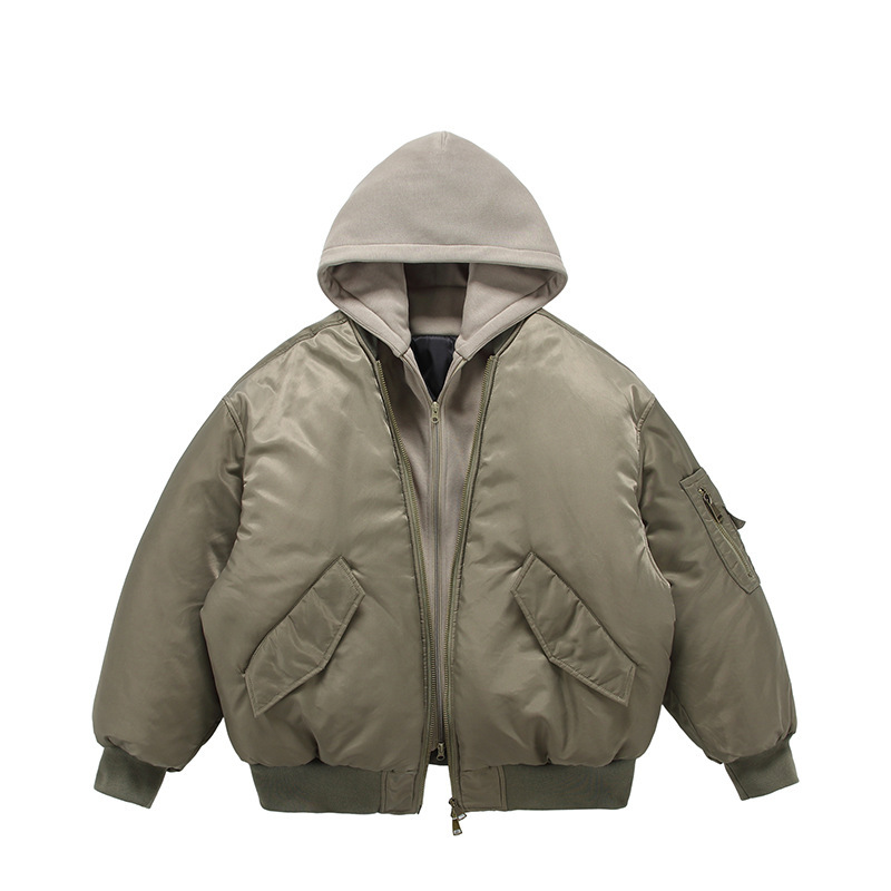 Winter Hooded Faux Two-Piece Flight Jacket Cotton Coat Men's American High Street Sweatshirt Patchwork Baseball Jacket Trendy Cool