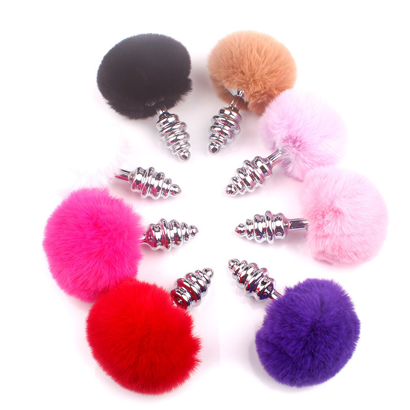 Threaded Metal Anal Plug with Faux Rabbit Fur Tail, Red — detail image 7