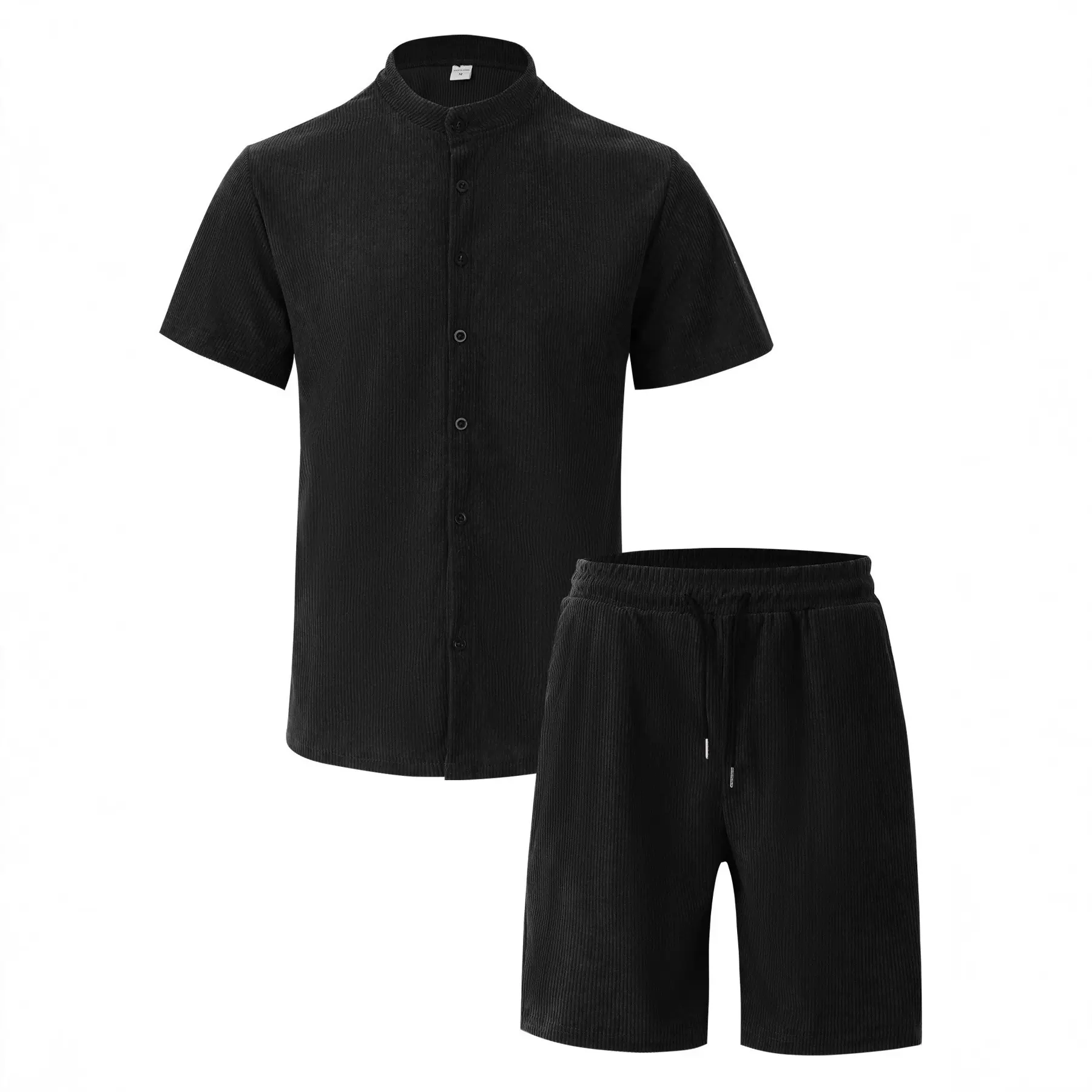 欧美 跨境亚马逊夏季男休闲透气翻领纯色灯芯绒 短袖衬衣短裤套装