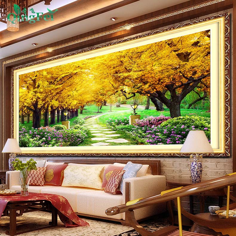 青飞精准印布黄金树樱花园十字绣大幅横版金色发财树越南柬埔寨