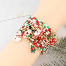 跨境热销创意圣诞节节日手链圣诞老人铃铛吊坠米珠串珠双层手链