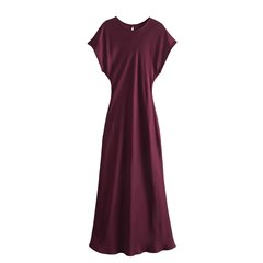 速売通卸売り秋の新型婦人服の丸首の半袖は腰の長いスカートのサテンの質感の迷笛のワンピースを収めます。