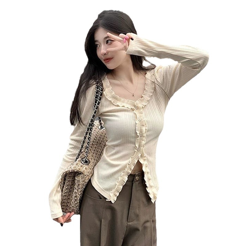 신춘가을 슬림 프렌치 기질 작은 향기 스타일 우드 이어 엣지 긴팔 셔츠 퓨어 디자이어 카디건 웨스턴 스타일 셔츠 탑