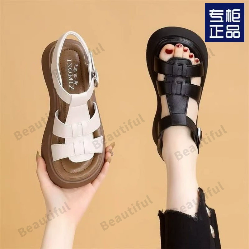 Женские римские сандалии на толстой подошве, лето 2025, новая мода, увеличивающая рост, в сказочном стиле с юбкой, пляжная обувь на мягкой подошве, маленький размер