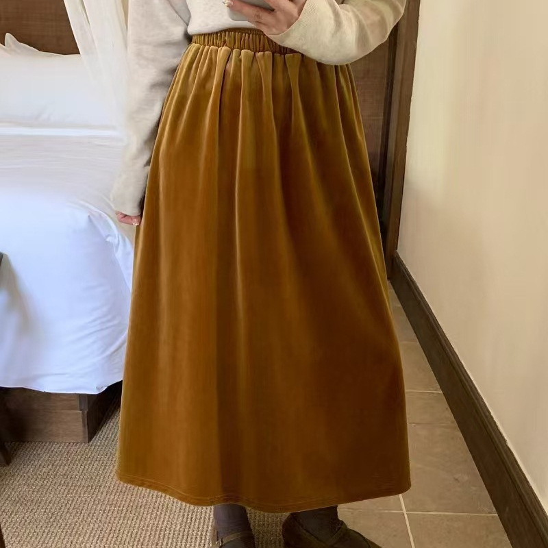 Clearance Sale, No Returns or Exchanges. Mid-Length Velvet Skirt with Elastic Waist, New Versatile Everyday Slimming A-Line Long Skirt for Women, Spring