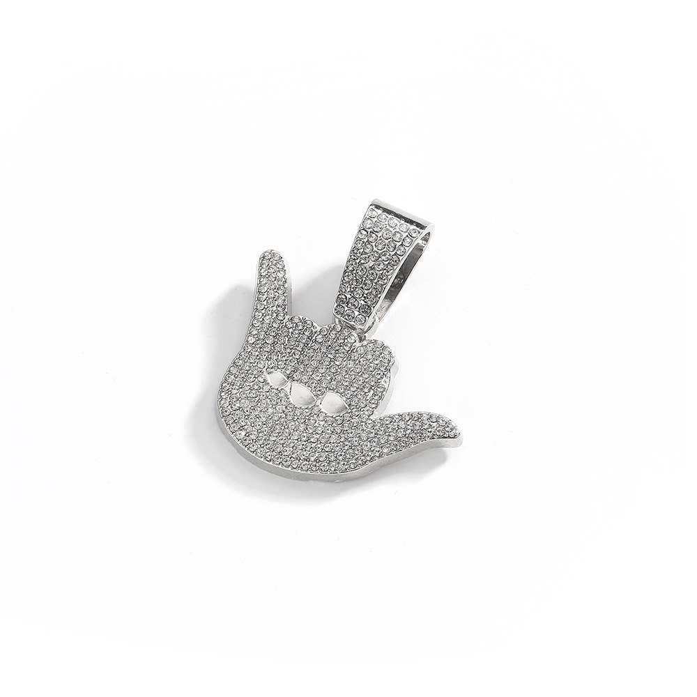 Collar con Colgante de Aleación con Diamantes Completos, Diseño de Gestos de la Suerte, Personalizado, Estilo Hip-Hop para Hombre, Cadena Cubana, Anillo de Dedo Texturizado