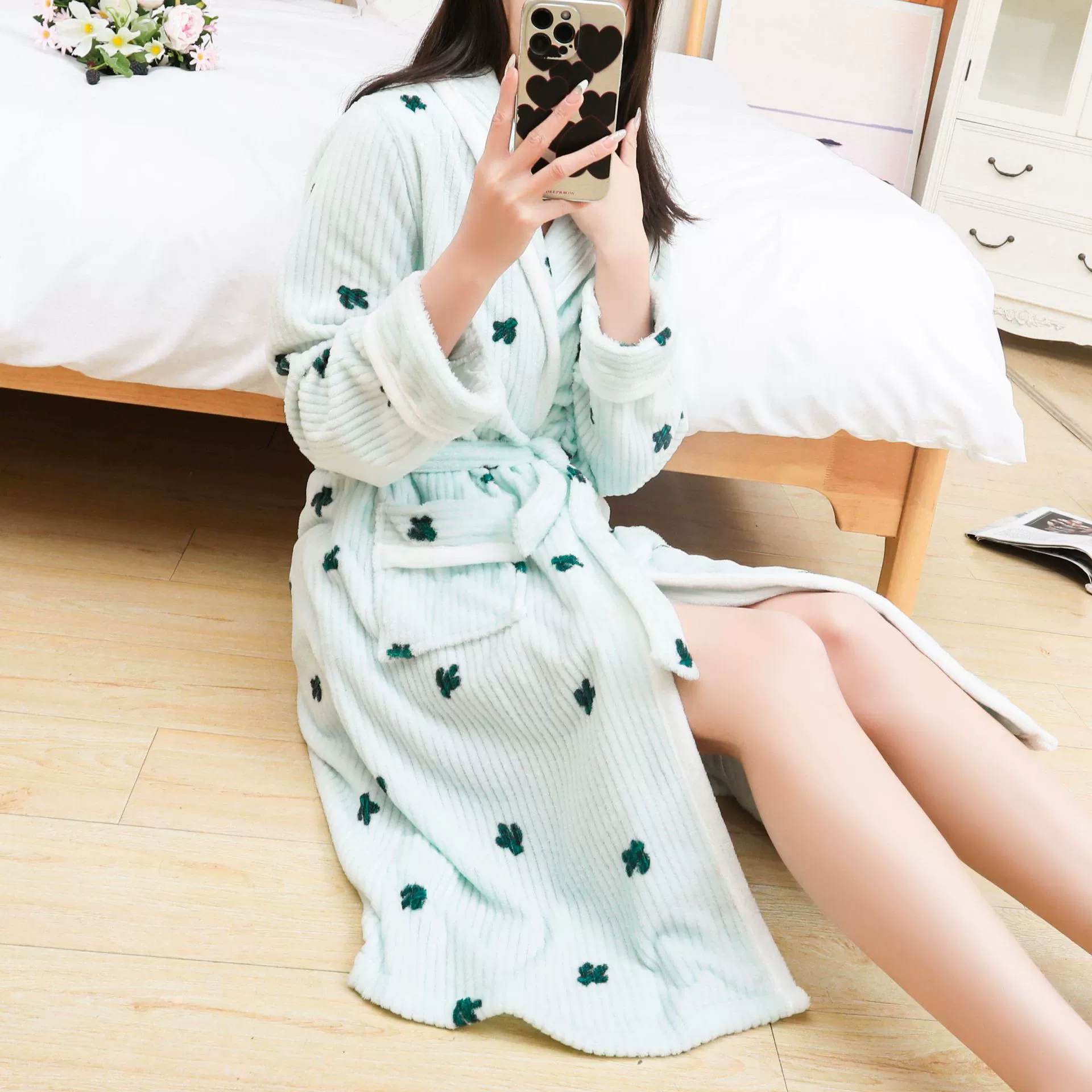 Демисезонный коралловый пижамный костюм, бархатный милый длинный bathrobe