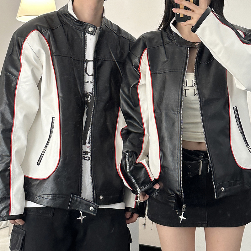 아메리칸 스타일 레트로 커플 의류 가을 겨울 자켓 남성 봄과 가을 컬러 매칭 수직 칼라 오토바이 패션 브랜드 작업복 야구 세트