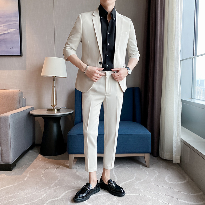 Summer Men's Slim-Fit Single-Button Jacket Fashion Slim-Fit Suit Two-Piece Korean-Style Suit Set Consignment