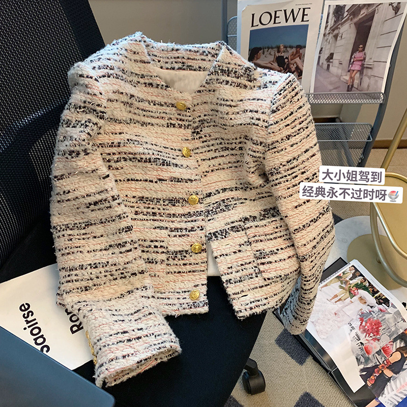 French Socialite Chanel Coat Women's 2025 Spring Elegant Tweed Woven Crewneck Cardigan Top