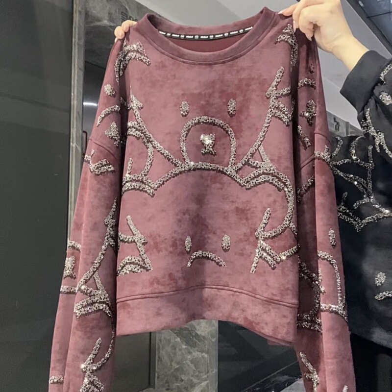 2025 Autumn Round Neck Long Sleeve Bear Print Top Loose Fit Slimming Fashion Design New Loose Short Heavy-Duty Sweatshirt