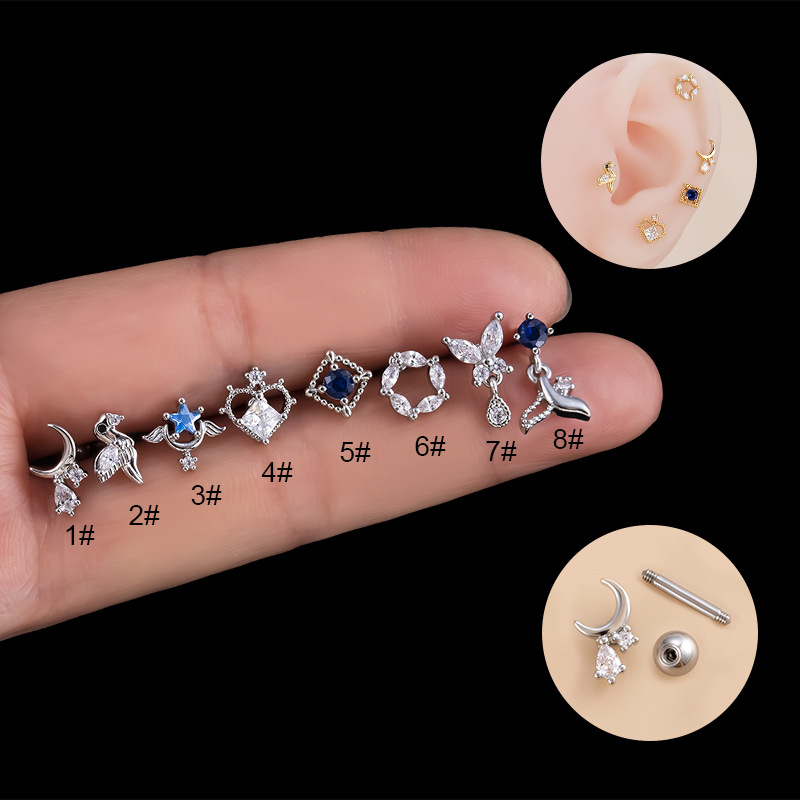 1 Piece Retro Moon Water Droplets Heart Shape Stainless Steel Copper Inlaid Zircon Ear Studs display picture 2
