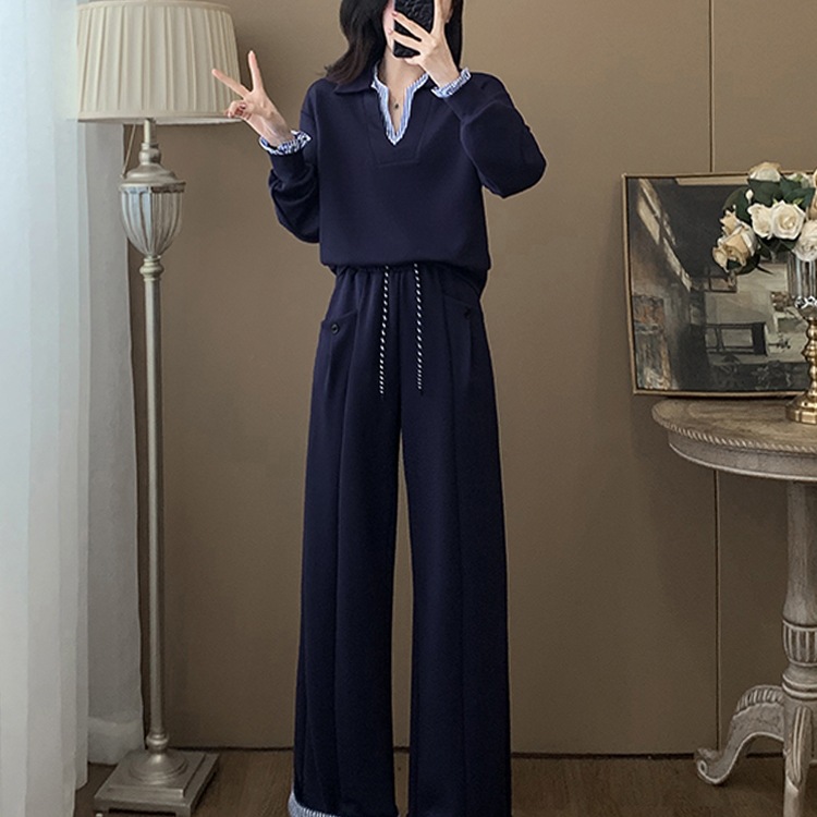 MONA时尚拉夏贝尔韩版休闲运动套装女秋季减龄显瘦假两件卫衣阔腿