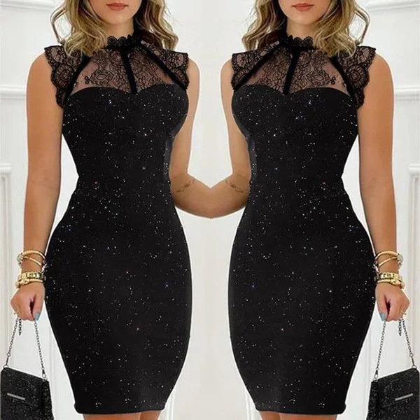 Black Sequin Sleeveless Lace Bodycon Dress