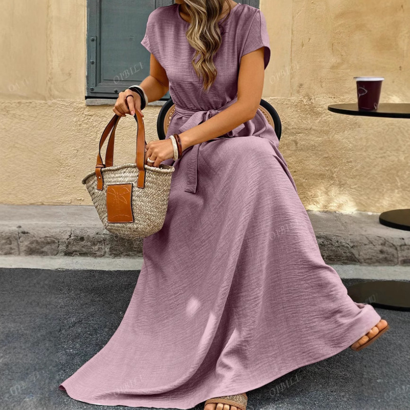 ヨーロッパとアメリカの2025年夏の新製品ヨーロッパとアメリカのクロスボーダー外国貿易婦人服ファッション通勤半袖レースアップエレガントドレス|undefined