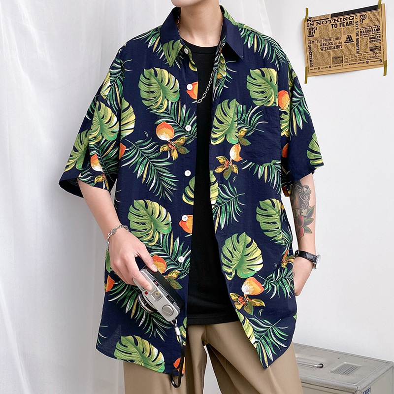 港风2025夏季新款男士日系宽松短袖花衬衫夏威夷沙滩花衬衣男潮