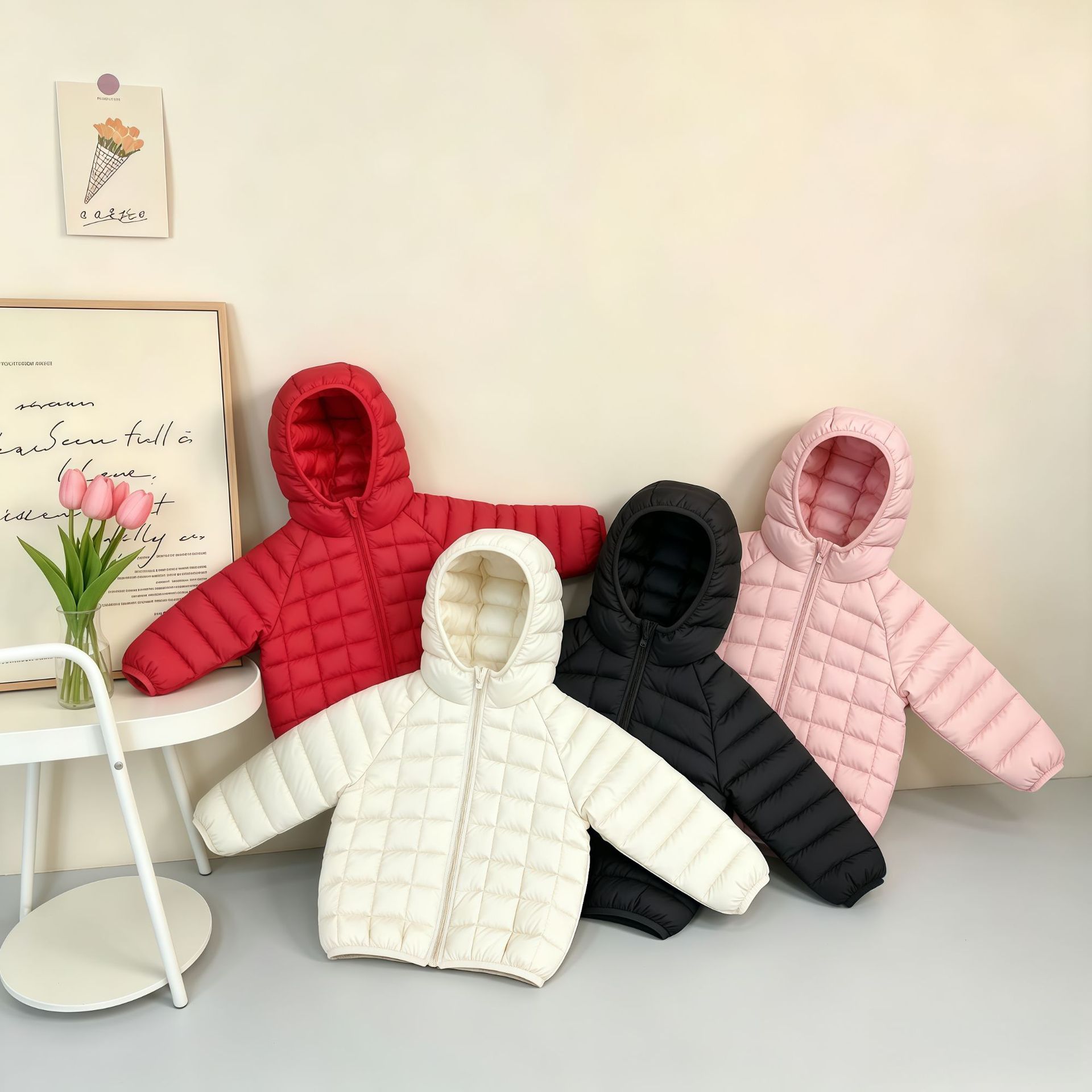 Nuevo abrigo con capuchón corto de color sólido cuadrado ropa de algodón infantil ropa de algodón de invierno chaqueta de algodón de bebé para hombres y mujeres