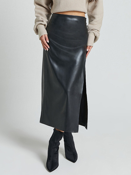demi-season polyurethane fitted long skirt with zipper