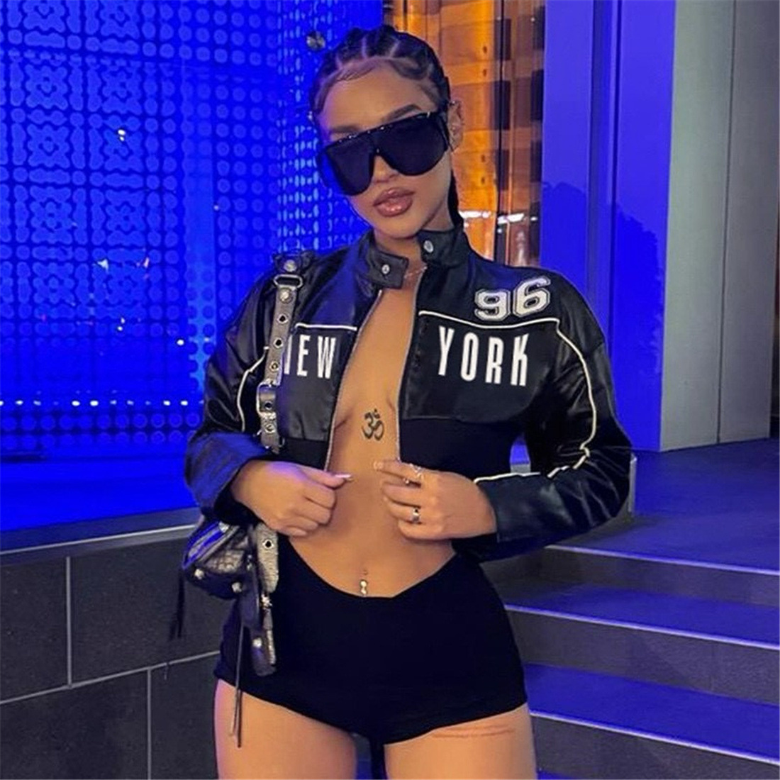 Women's Slim Fit Short Zip up Leather Jacket Autumn Fashion Print Patchwork Outerwear_ecoleips.com