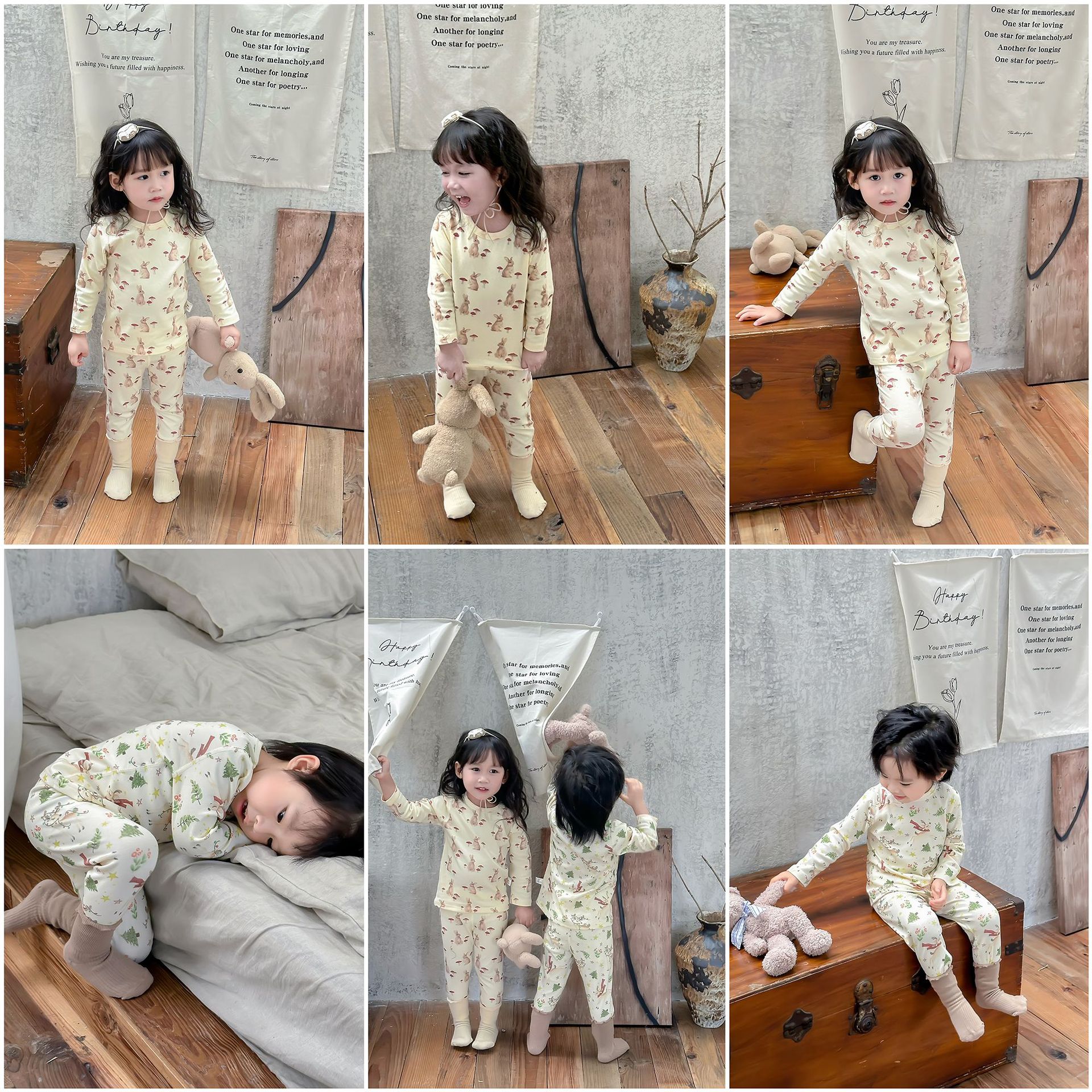 (2개) 어린이 면화 클래스 A 항균 잠옷 2025 새로운 소년과 소녀  가을 옷과 바지 따뜻한 가정 옷 세트