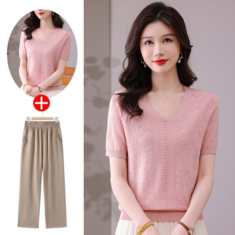 Trendy Mom Summer Short-Sleeve T-Shirt Ice Silk Top 2026 New Fashion Knit Two-Piece Set for Middle-Aged and Elderly Women Trendy Mom Summer Short-Sleeve T-Shirt Ice Silk Top 2026 New Fashion Knit Two-Piece Set for Middle-Aged and Elderly Women
