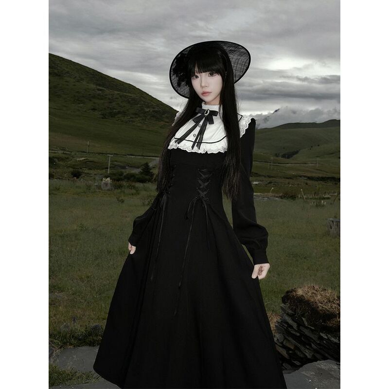 Now Available: [Bach Old Testament] Dark Elegant Lady Black and White Contrast Color Tie Bow Waist-Cinching Dress