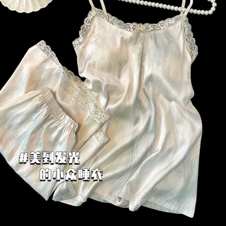 {带胸垫}ins风夏季女款冰丝仿真丝睡衣性感吊带甜美家居服套装