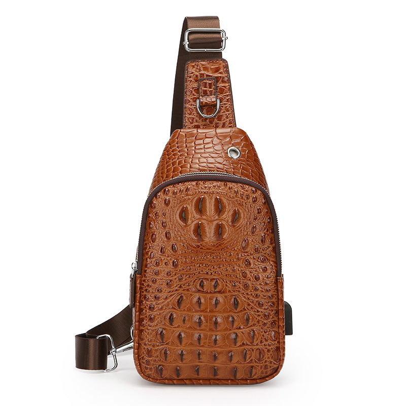 Men's High-End Crocodile Patterned Chest Bag Shoulder Crossbody Casual Outdoor Large Capacity Leather Bag_voghion.com
