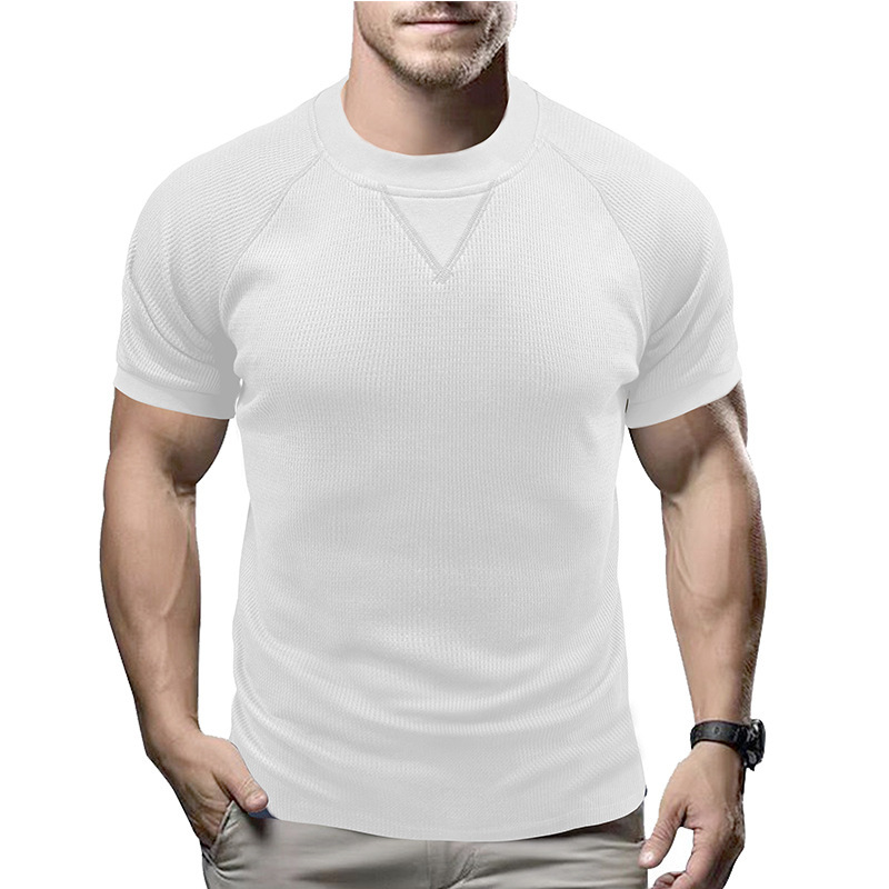 Amazon European and American Men's Short-sleeved Threaded Round Neck Waffles T-shirt Top Cross-border Men's Tough Guy Basic