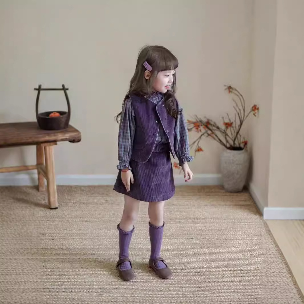 아동복 가을 새 소녀 세트 2024 한국 스타일 유행 코듀로이  조끼 3 피스 세트