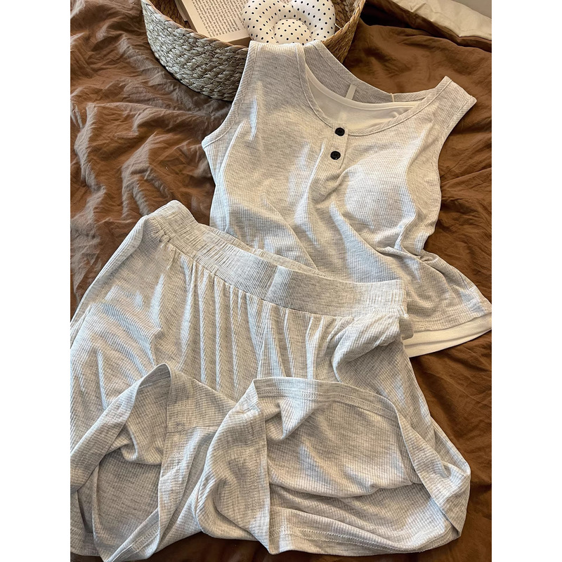 Women's summer pajamas with chest pads, two-piece tank top set, high-end home wear, Korean style, can be worn outside, cross-border wholesale Women's summer pajamas with chest pads, two-piece tank top set, high-end home wear, Korean style, can be worn outside, cross-border wholesale