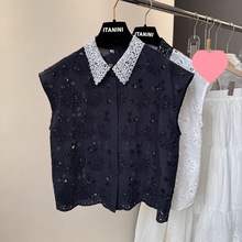 欧洲站2025夏季新款女装蕾丝翻领花朵刺绣减龄百搭无袖衬衫