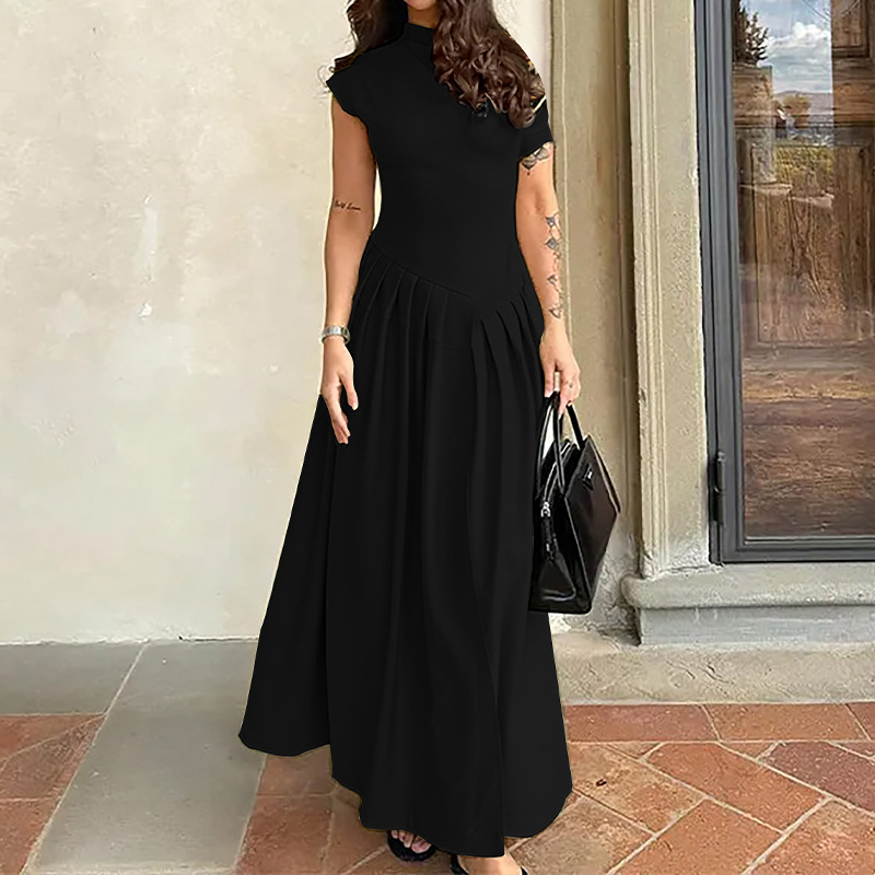 Elegant Women's Dress With Long Skirt, Fashionable High-Waisted Solid Color Spring Dress_ecoleips.com