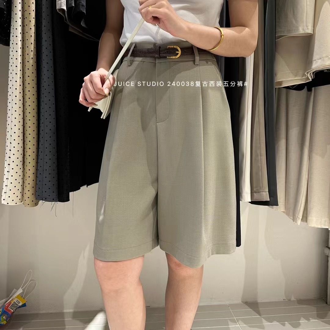 Liquidación sin devolución 240038 verano pantalones cortos casuales sueltos simples pantalones anchos delgados de cintura alta para mujer pantalones de cinco puntos