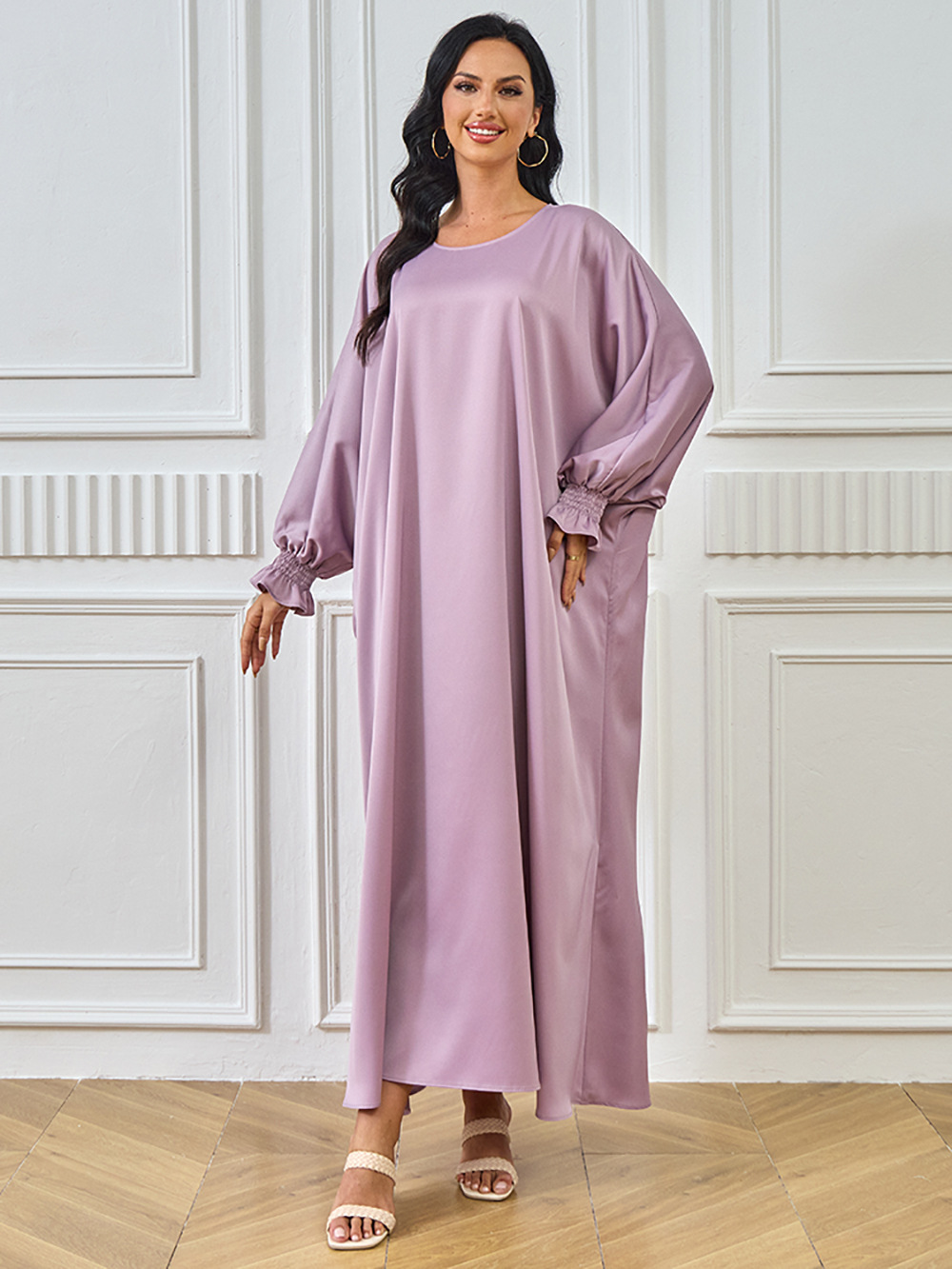 2024 New Cross-Border Abaya Dubai Muslim Middle Eastern Women's Long Robe Solid Color Dress_ecoleips.com