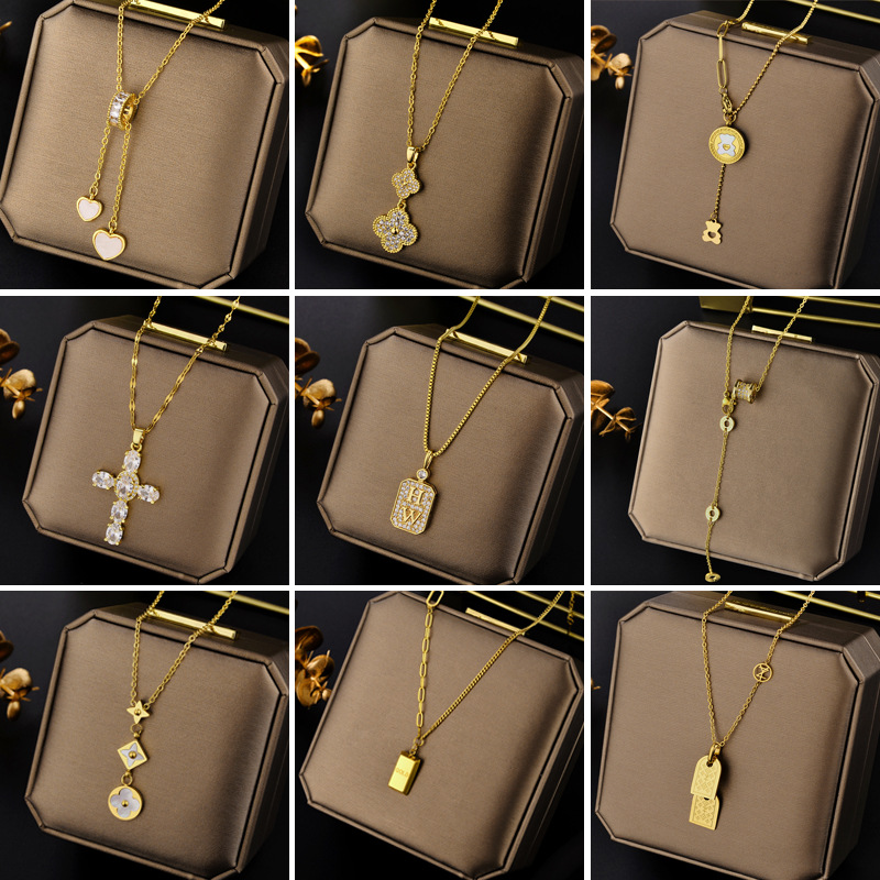 Fashion Geometric Titanium Steel Gold Plated Artificial Diamond Necklace