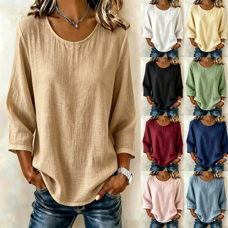 2026 Cross-Border Amazon European and American Spring and Summer New Women's Clothing Solid Color Round Neck Nine-Quarter Sleeve Loose Casual Top 2026 Cross-Border Amazon European and American Spring and Summer New Women's Clothing Solid Color Round Neck Nine-Quarter Sleeve Loose Casual Top
