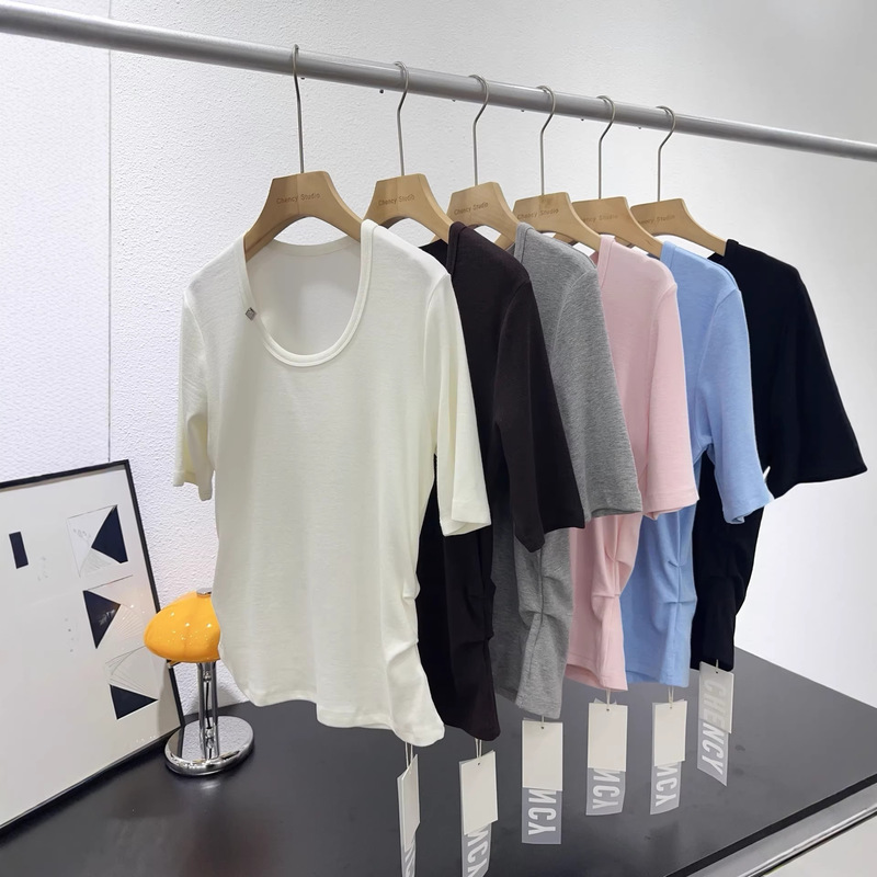 260g Knitted Fine-Tuned Cotton Spandex! Xj43 New Spring/Summer Style ~ Waist-Cinched, Three-Quarter Sleeve, U-Neck, Solid Color T-Shirt, Non-Returnable 260g Knitted Fine-Tuned Cotton Spandex! Xj43 New Spring/Summer Style ~ Waist-Cinched, Three-Quarter Sleeve, U-Neck, Solid Color T-Shirt, Non-Returnable