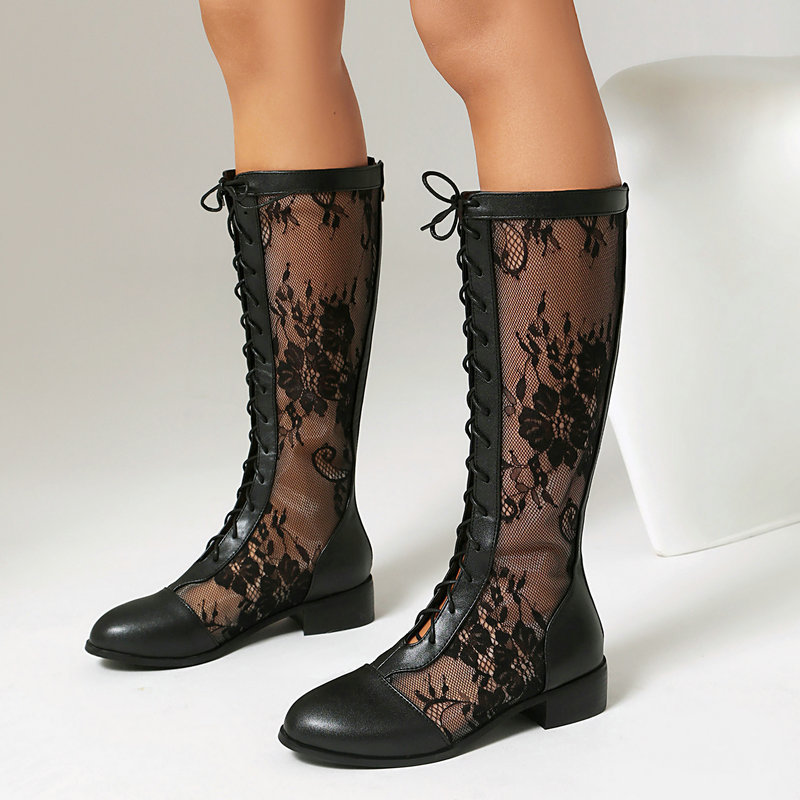Women's High Boots with Lace Cutouts, Round Toe, Chunky Low Heel, Front Lace-Up, Knee-High Boots, Summer Women's Sandals, Long Boots, High Boots